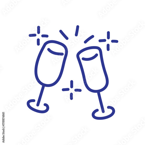 A simple blue line art icon of two champagne flutes clinking in a celebratory toast.