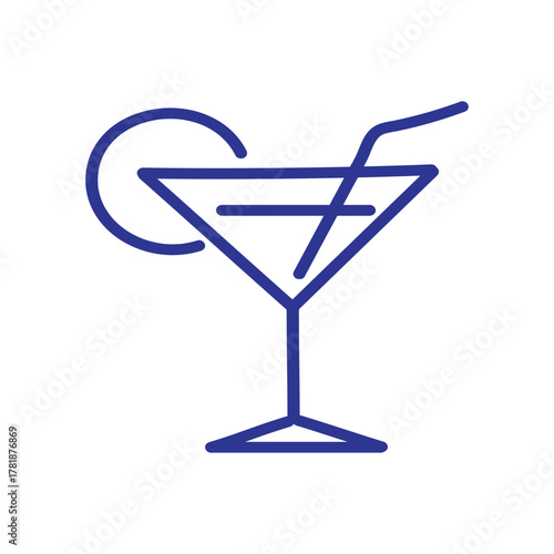 Minimalist blue line icon of a cocktail in a martini glass with a straw and citrus slice garnish.