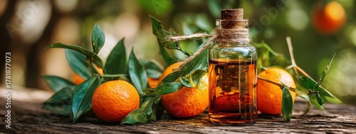 Bottle of mandarin or orange essential oil surrounded by fresh citrus fruits and leaves.