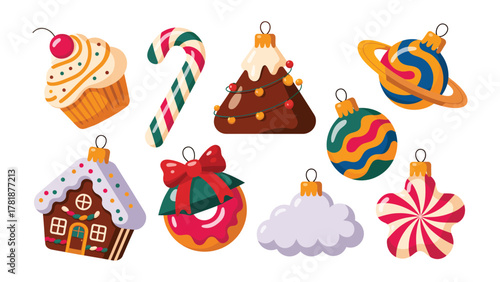Festive Ornaments of Delight: A collection of delightful ornaments, from sweet treats to celestial bodies, are ready to enhance the spirit of the holiday, offering a whimsical touch of the season.
