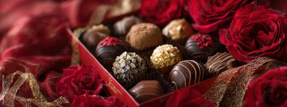 Fototapeta premium Luxurious red box overflowing with decadent assorted chocolates and deep red roses.