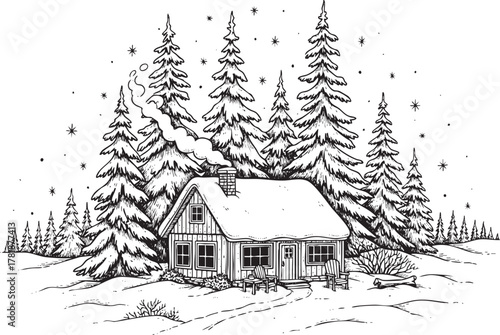 Charming snow covered cabin nestled in winter forest illustration, perfect for holiday cards, winter promotions, and cozy seasonal designs