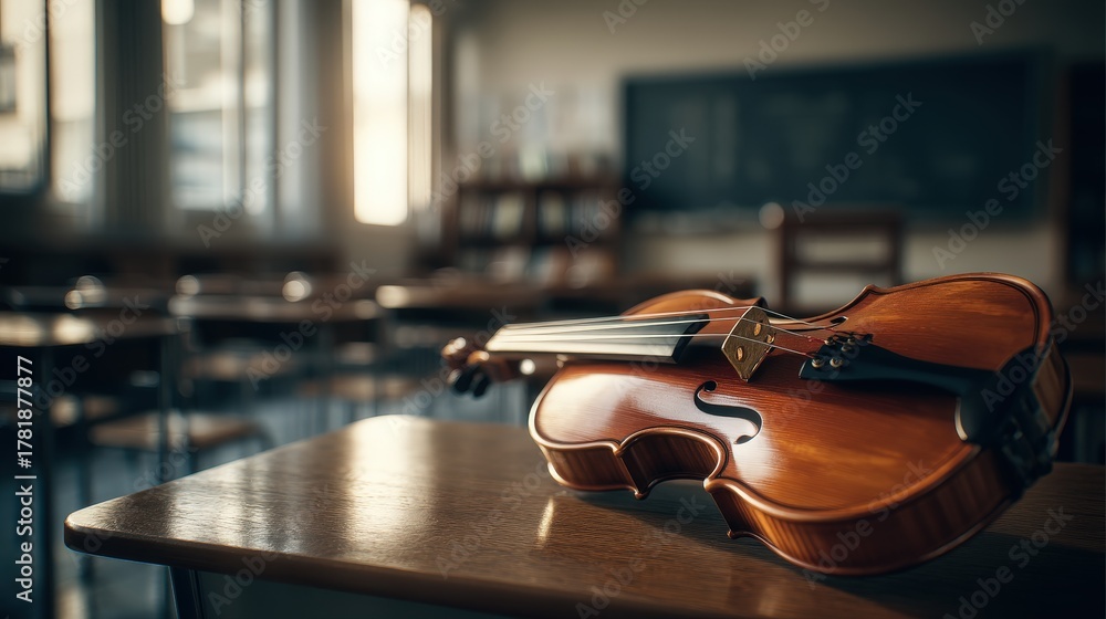 Fototapeta premium A violin rests on a wooden desk, poised for practice, in a blurred classroom setting