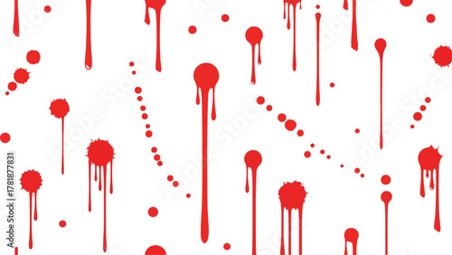 Red droplets  trails on white various sizes scattering pattern simulated liquid dynamic