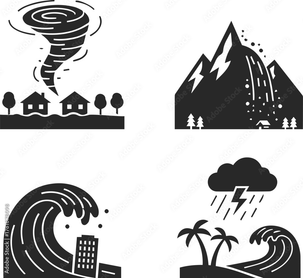 Naklejka premium Set of icons of tornado in town, avalanche or rockfall from mountain, prices, storm or storm warning on beach, natural disaster icons.