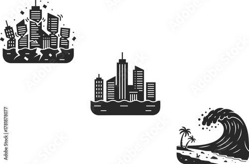 Set of icons of natural disasters, earthquake, flood, then, flooding, storm and prices on the beach, icons in the form of black silhouettes.