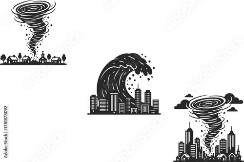  Icons of tornadoes in the city, tornado in the town and city, storm, hurricane, icons in the form of black silhouettes, vector.