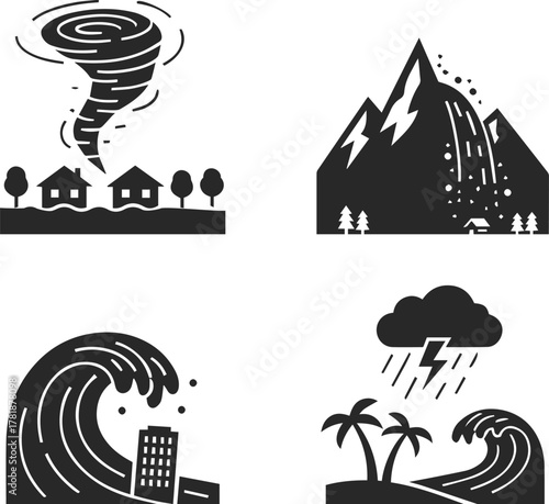 Set of icons of tornado in town, avalanche or rockfall from mountain, prices, storm or storm warning on beach, natural disaster icons.