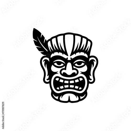 Tiki tribal wooden mask set and Tiki mug. Hawaiian traditional elements. Colored, wooden and black and white silhouette. Vector illustration