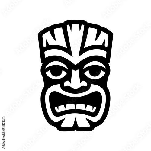 Tiki tribal wooden mask set and Tiki mug. Hawaiian traditional elements. Colored, wooden and black and white silhouette. Vector illustration