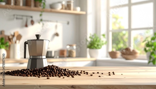 A clean, natural light photo of whole coffee beans scattered next to a modern coffee