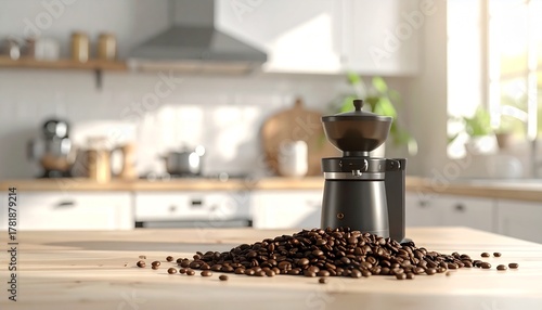 A clean, natural light photo of whole coffee beans scattered next to a modern coffee