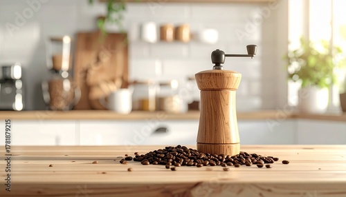 A clean, natural light photo of whole coffee beans scattered next to a modern coffee