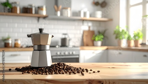 A clean, natural light photo of whole coffee beans scattered next to a modern coffee