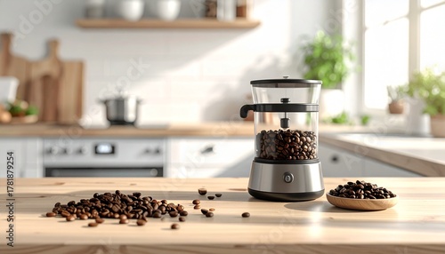 A clean, natural light photo of whole coffee beans scattered next to a modern coffee