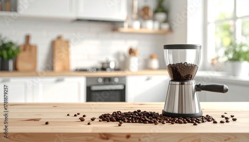 A clean, natural light photo of whole coffee beans scattered next to a modern coffee