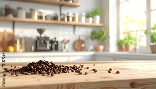 A clean, natural light photo of whole coffee beans scattered next to a modern coffee