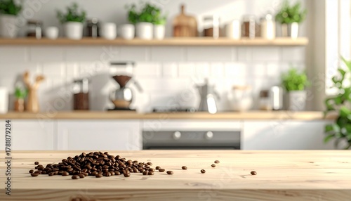 A clean, natural light photo of whole coffee beans scattered next to a modern coffee