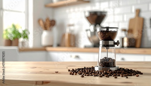 A clean, natural light photo of whole coffee beans scattered next to a modern coffee