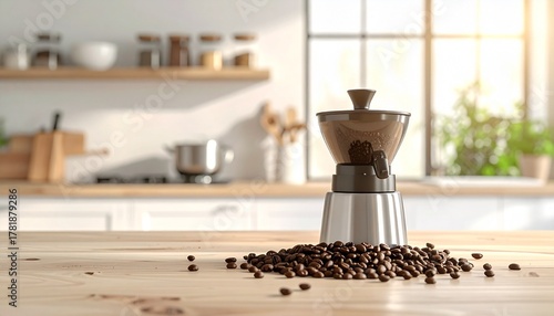 A clean, natural light photo of whole coffee beans scattered next to a modern coffee