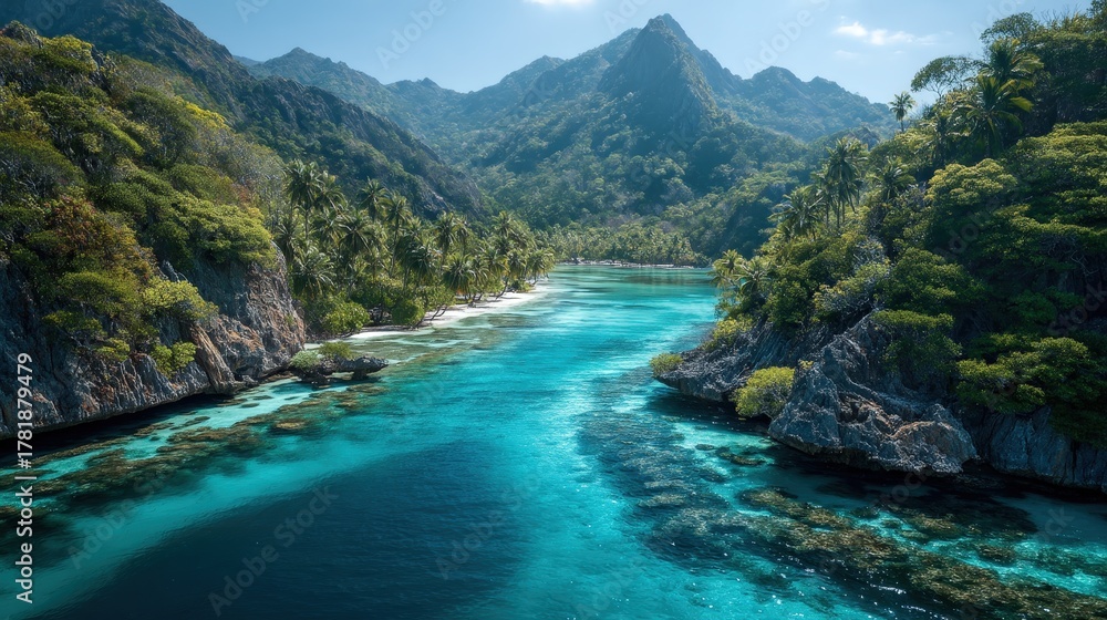 Naklejka premium Stunning tropical landscape with turquoise waters, lush mountains, and a hidden cove.