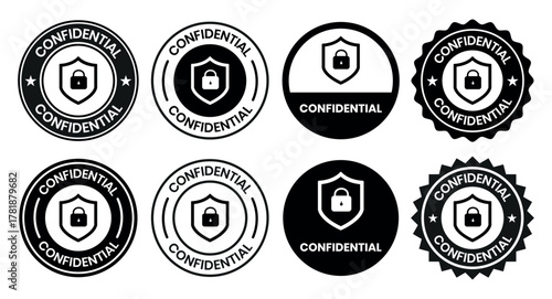 Confidential label set. Confidential stamp badge, top secret label, confidential seal, security sign, private information sticker, confidential logo, secret mark, classified confidential stamp design.