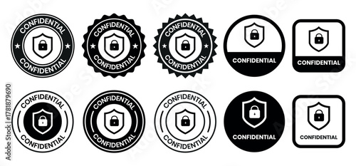Confidential label set. Confidential stamp badge, top secret label, confidential seal, security sign, private information sticker, confidential logo, secret mark, classified confidential stamp design.