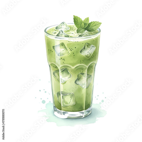 Watercolor Refreshing Matcha Drink with Ice Cube and Mint in Glass
