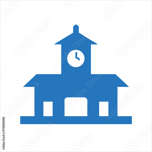 Railway station silhouette with clock tower and roofed platform,