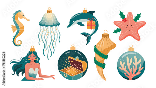 Ocean-Themed Decorations: A collection of charming ocean-themed decorations, including sea creatures, treasures, and ornaments, exuding a sense of coastal festivity and underwater wonder.