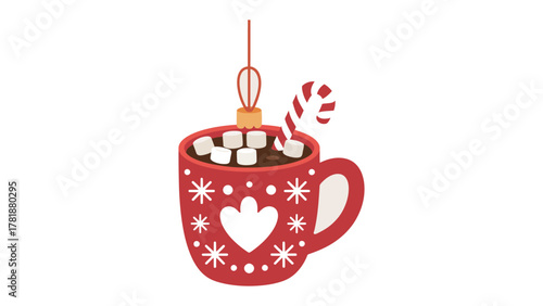 Festive Hot Cocoa Ornament: A charming, decorative ornament featuring a cup of rich hot cocoa, adorned with fluffy marshmallows and a candy cane, evoking warmth and holiday cheer.
