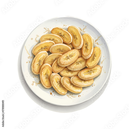 Watercolor Style Sliced Banana on White Plate Delicious Fruit Illustration