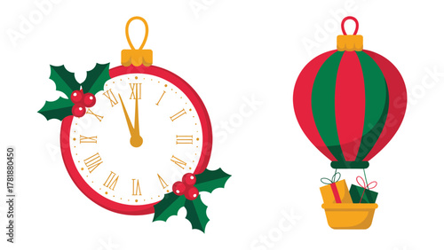 Holiday Ornaments and Festive Time: Festive holiday decorations, including a clock and a hot air balloon, symbolizing the countdown to a new year. A delightful scene.