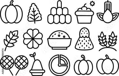 Modern autumn harvest food agriculture and nature line icon set
