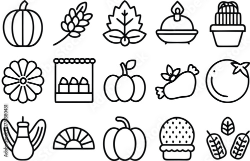Autumn harvest and thanksgiving celebration outline icons set
