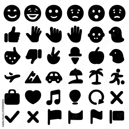 Emoji and symbol collection: faces, hands, travel, and nature