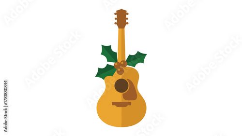 Melodic Christmas Guitar: An acoustic guitar decorated with festive holly and berries, embodying the spirit of Christmas.