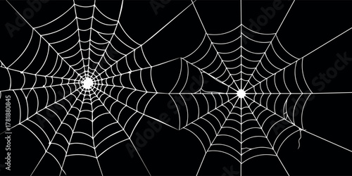 Two intricate white spiderwebs or cobwebs illustrated against a solid black background, creating a graphic and symmetrical pattern.