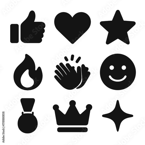 Black silhouette icons of thumbs up, heart, star, fire, and smile