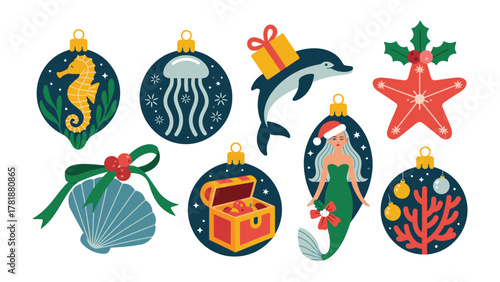 Marine Christmas Ornaments: A vibrant collection of unique ornaments featuring a seahorse, jellyfish, dolphin with gift, starfish, seashell with bow, treasure chest, mermaid, and coral.