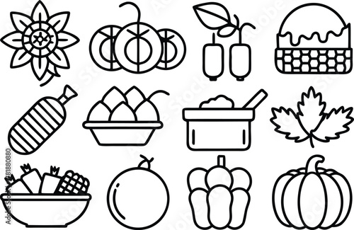 Diverse collection of linear icons representing food and harvest