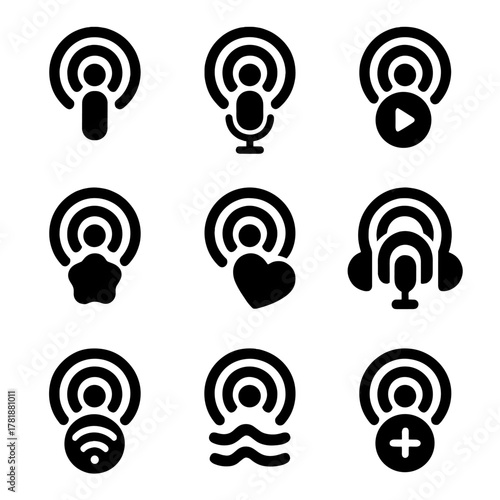 Black podcast icons set with microphone, play, headphones, and more