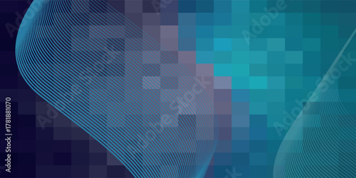 Abstract digital background with blue and teal pixelated squares and flowing grid lines.