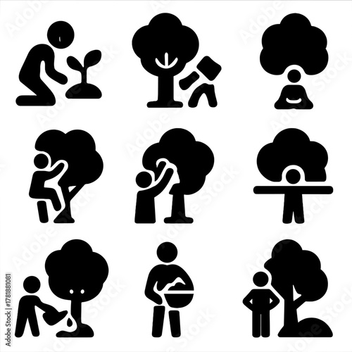 Eco-friendly stick figures engaging in diverse nature activities