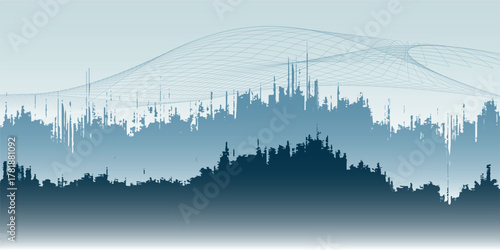 A serene abstract landscape with layered blue silhouettes and flowing lines.