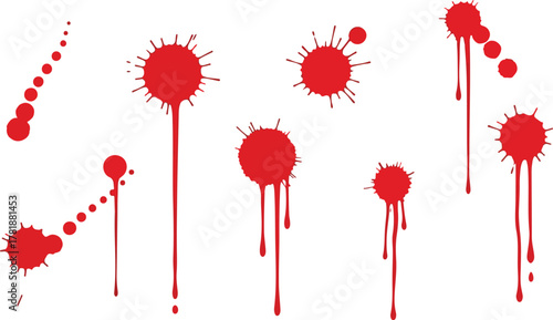 Red ink splatter design on a white background with various shapes and patterns of splatters and drips