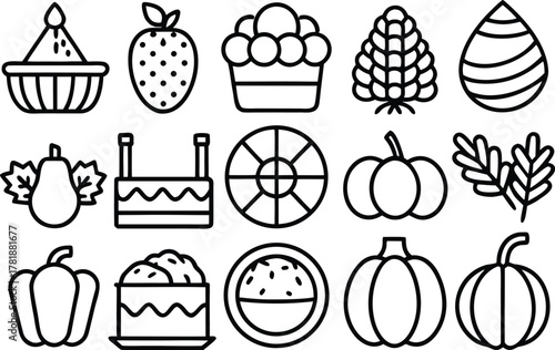 Autumn harvest delicious food outline icons vector set design