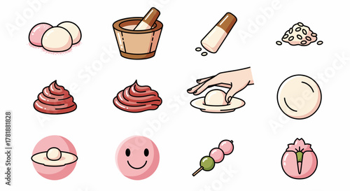 A 3x4 grid of stylized icons depicting ingredients and preparation steps for Japanese sweets like mochi and dango
