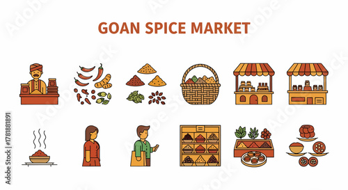 A set of flatstyle icons illustrating a Goan spice market with vendors spices and stalls