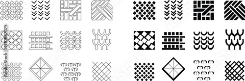 Thread textile icon set , sewing, fabric, yarn, needle, spool, embroidery, knitting, and tailoring symbols representing clothing, handmade crafts, and fashion industry design elements, pictograms